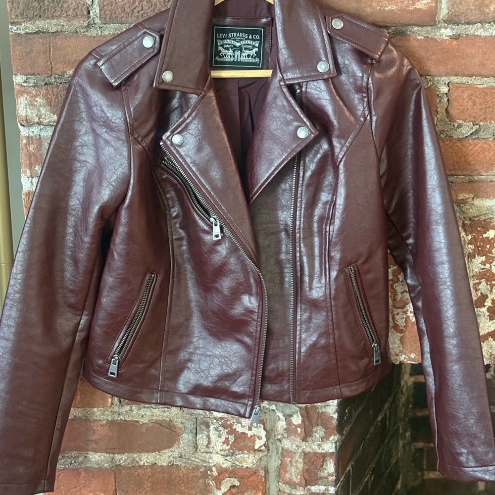 Levi's red wine Leather Moto Jacket Asymmetrical Zipper
